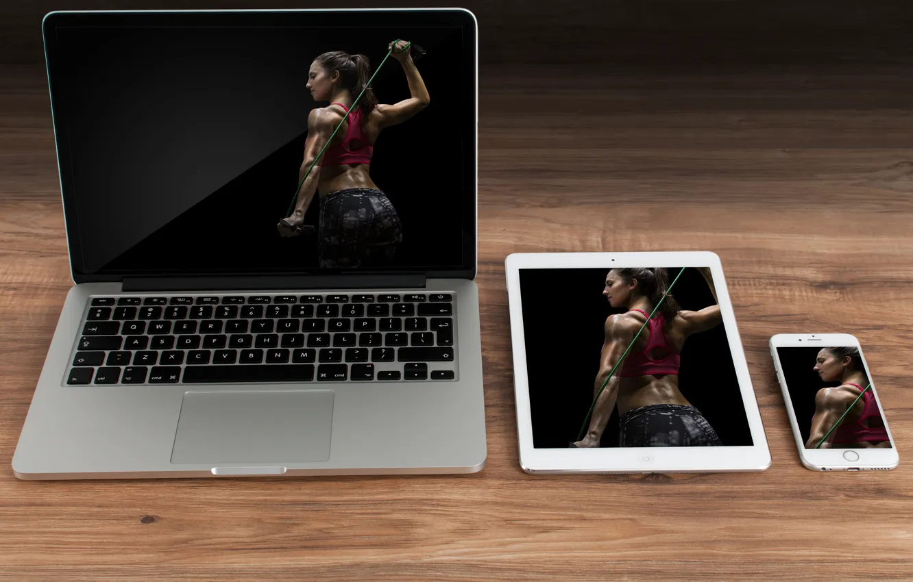 Фото обои woman, notebook, fitness, tablet, cellular smartphone