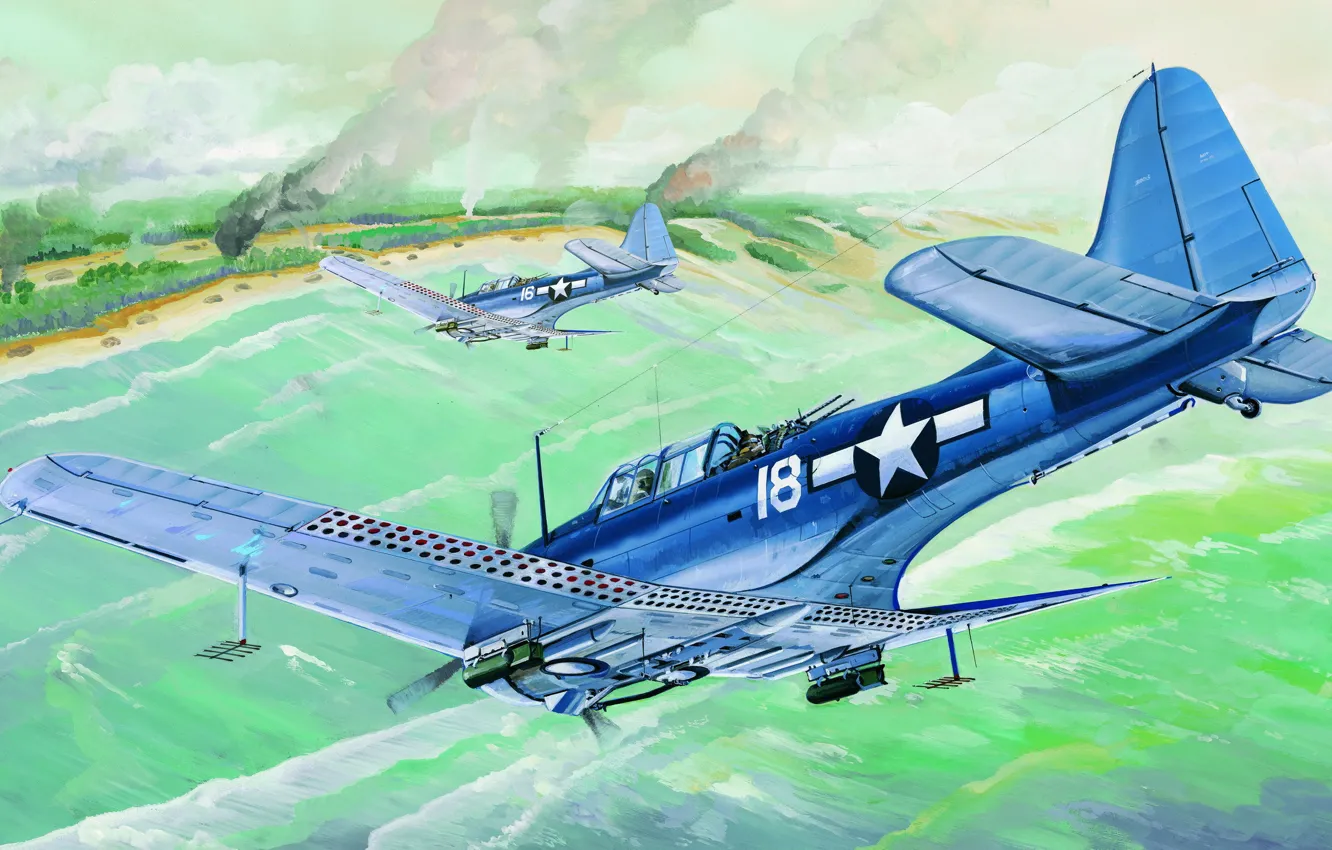Фото обои bomber, war, art, airplane, painting, ww2, Douglas SBD Dauntless