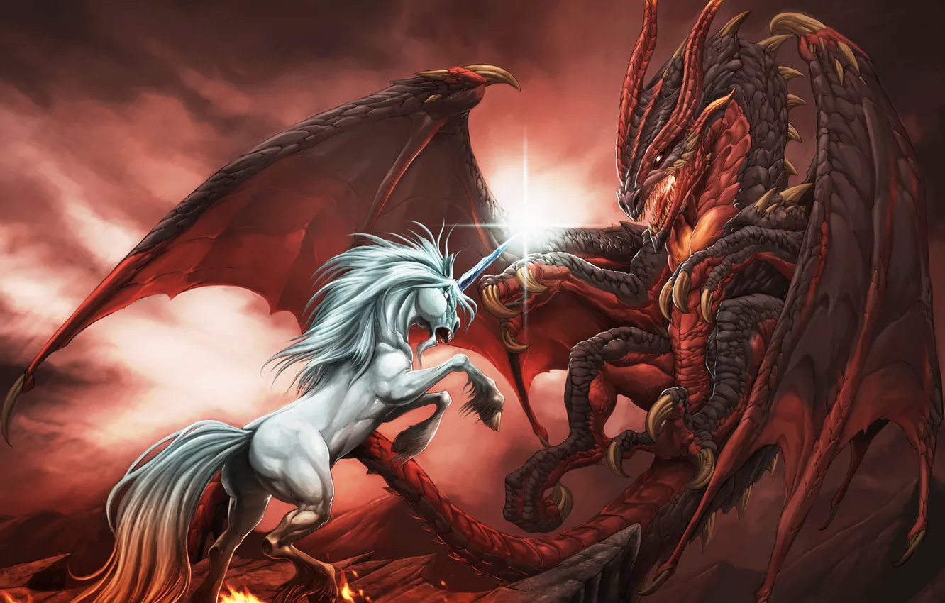 Фото обои Дракон, Бой, Dragon, Drawings, Mythology, Fire, Единорог
