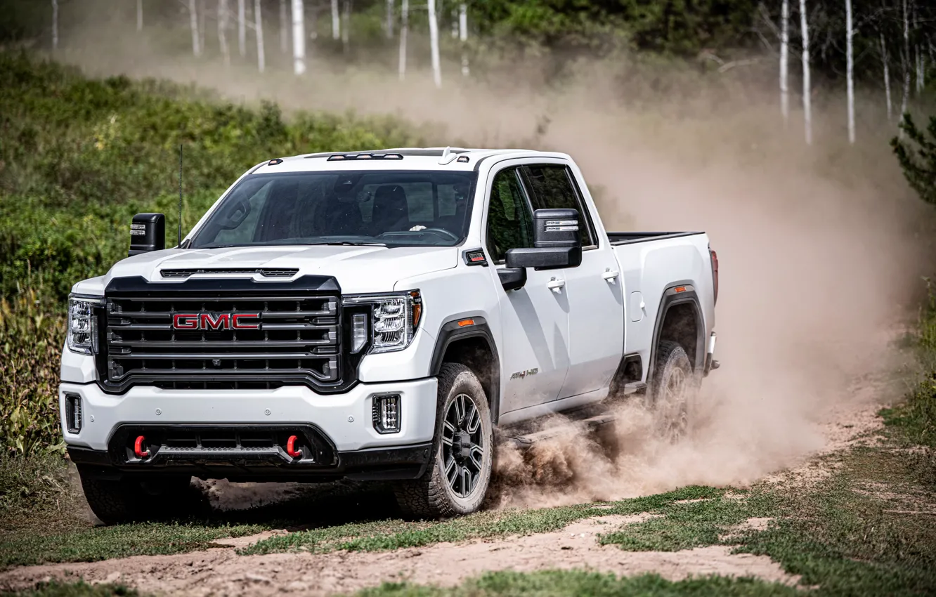 Фото обои белый, движение, пыль, пикап, GMC, Sierra, AT4, 2020