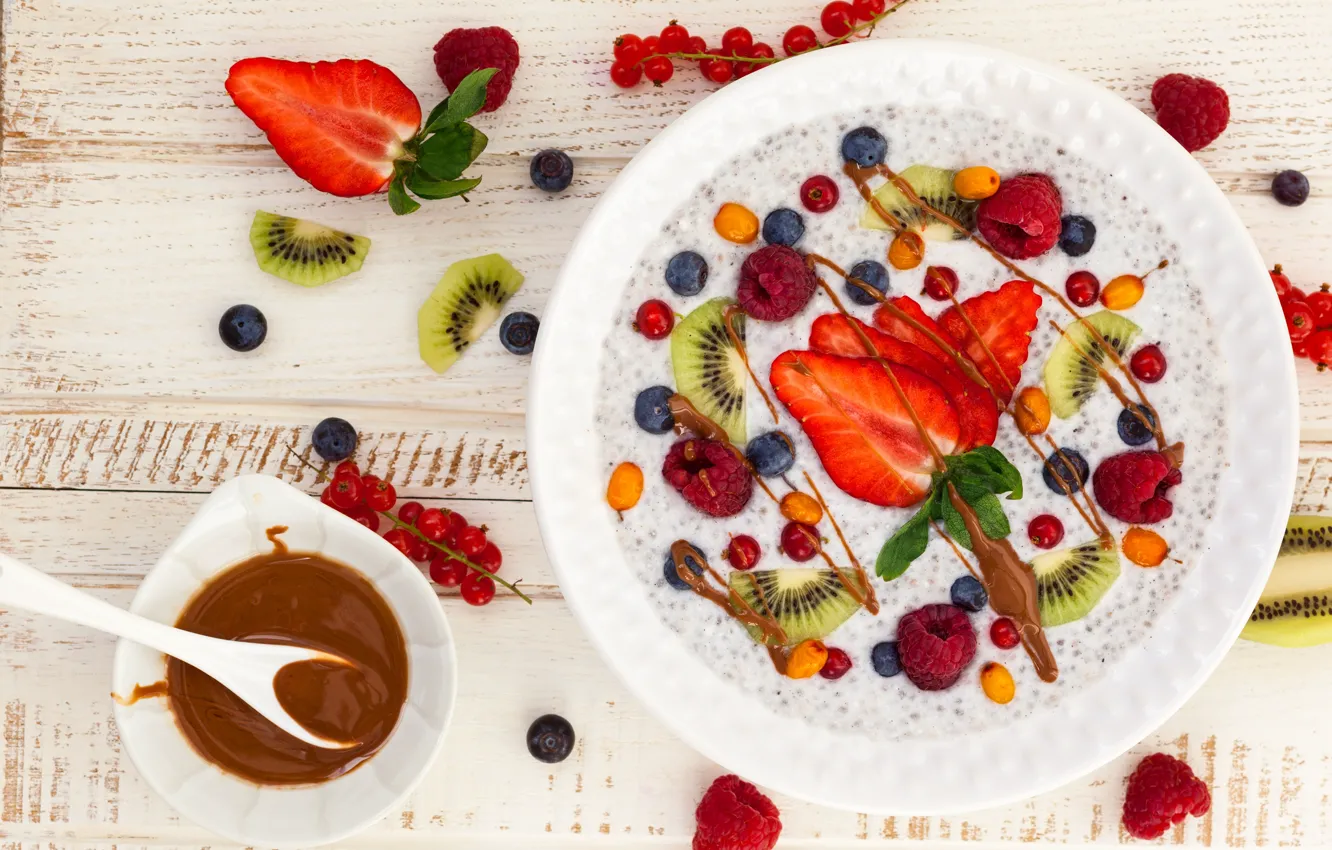 Фото обои ягоды, малина, завтрак, киви, черника, клубника, фрукты, berries
