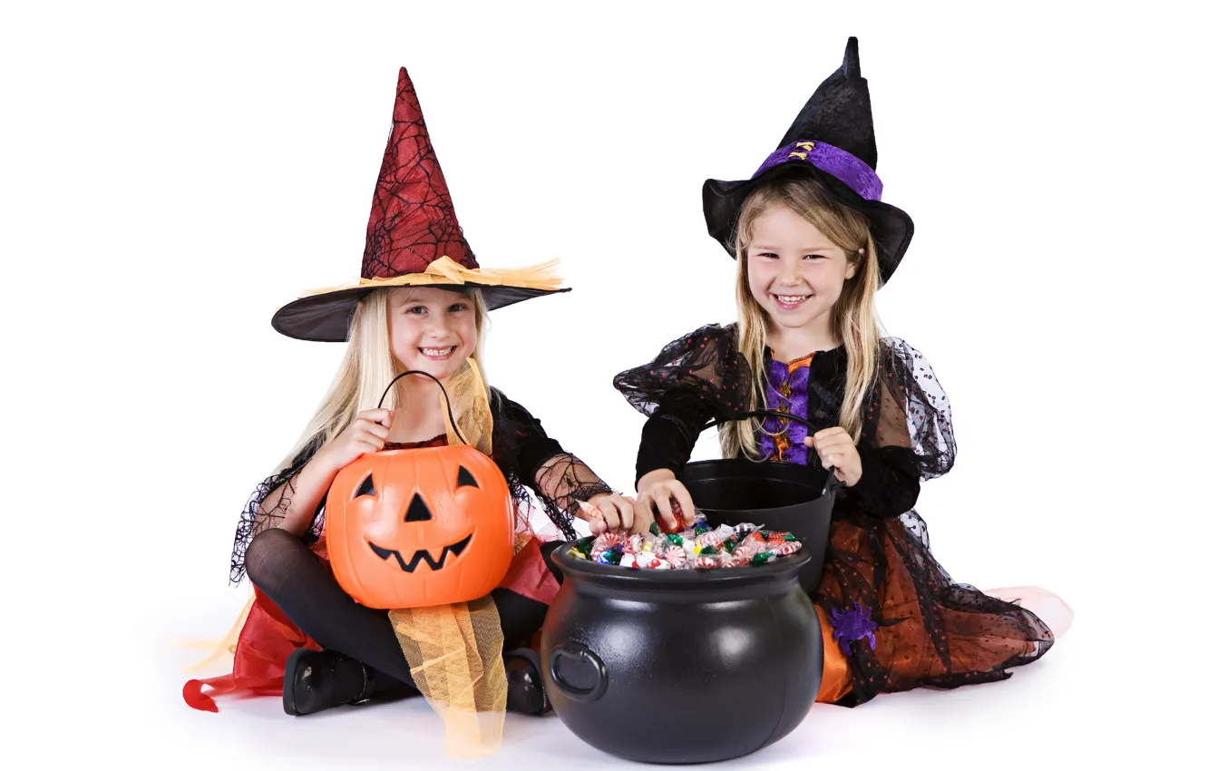 Фото обои дети, праздник, конфеты, костюм, тыква, хэллоуин, детская, ведьмочка