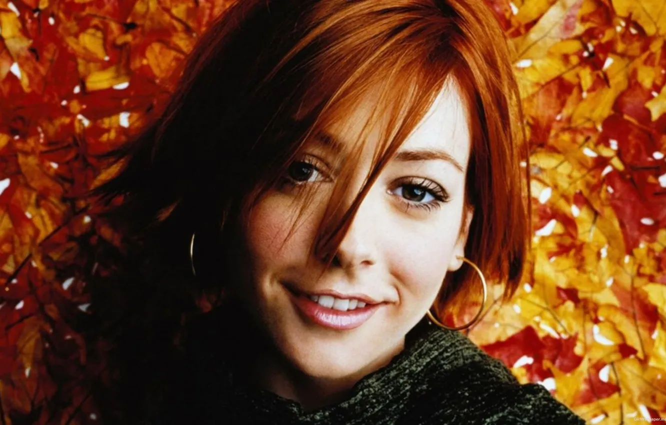 Фото обои осень, листья, девушка, улыбка, актриса, Элисон Хэннигэн, Alyson Hannigan, красивая