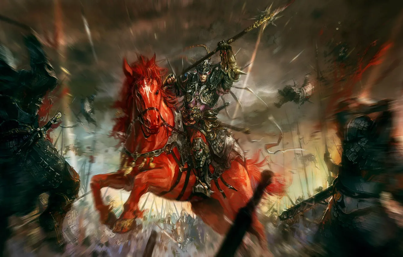 Фото обои оружие, конь, фокус, воин, арт, всадник, битва, поле брани