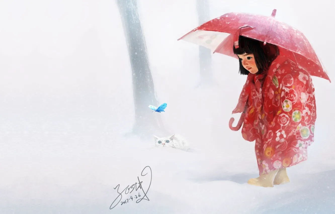 Фото обои зима, бабочка, арт, котёнок, чудо, детская, первый снег, Painting practice