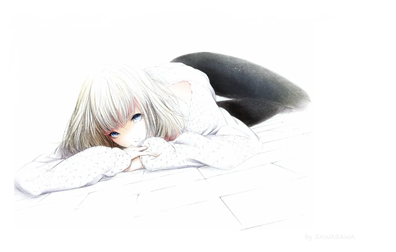 Фото обои рисунок, девочка, голубые глаза, лежит на полу, белая блузка, by Sawasawa