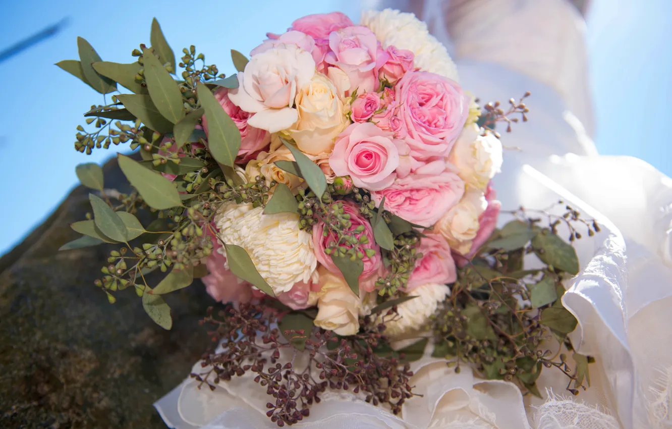 Фото обои цветы, розы, букет, невеста, свадьба