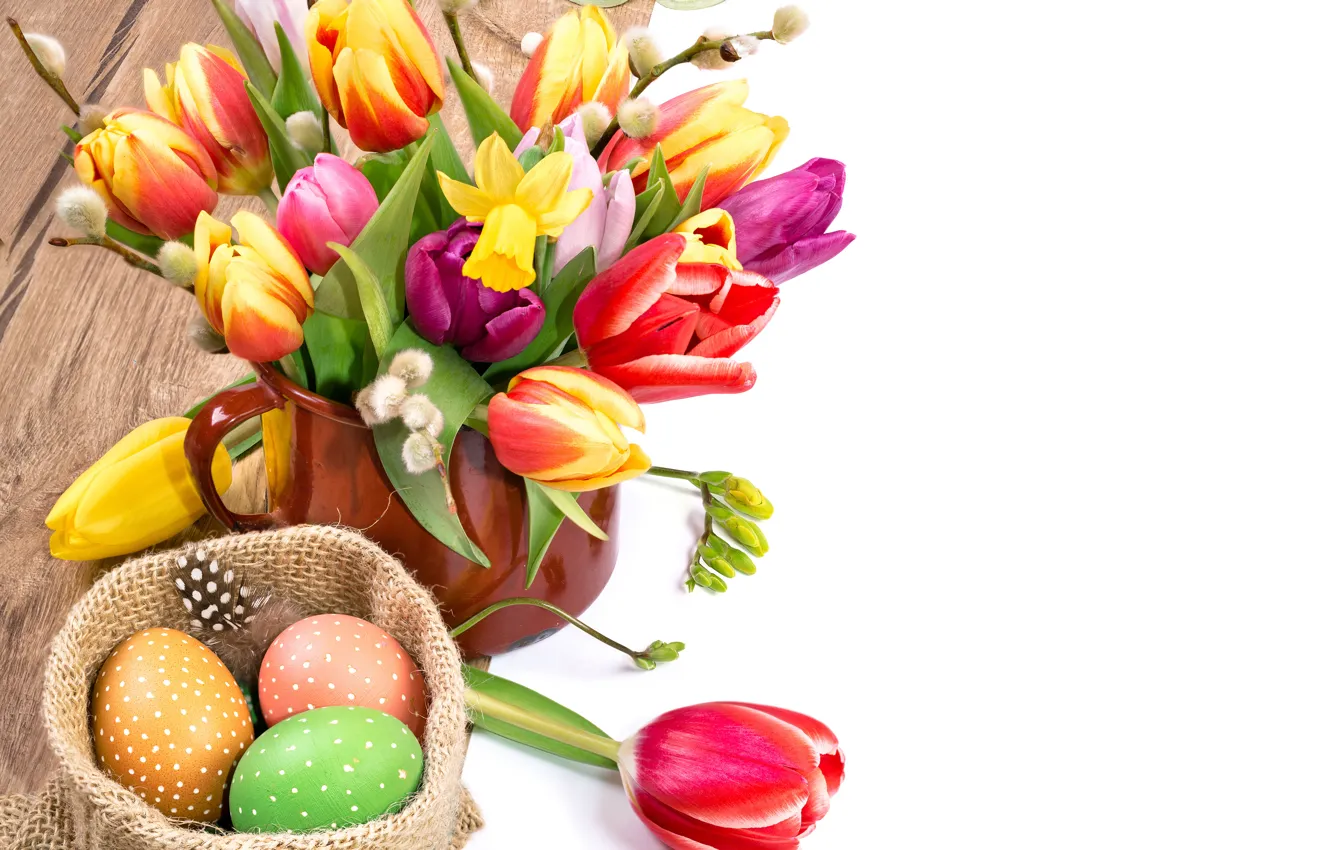 Фото обои цветы, яйца, весна, colorful, Пасха, тюльпаны, верба, flowers