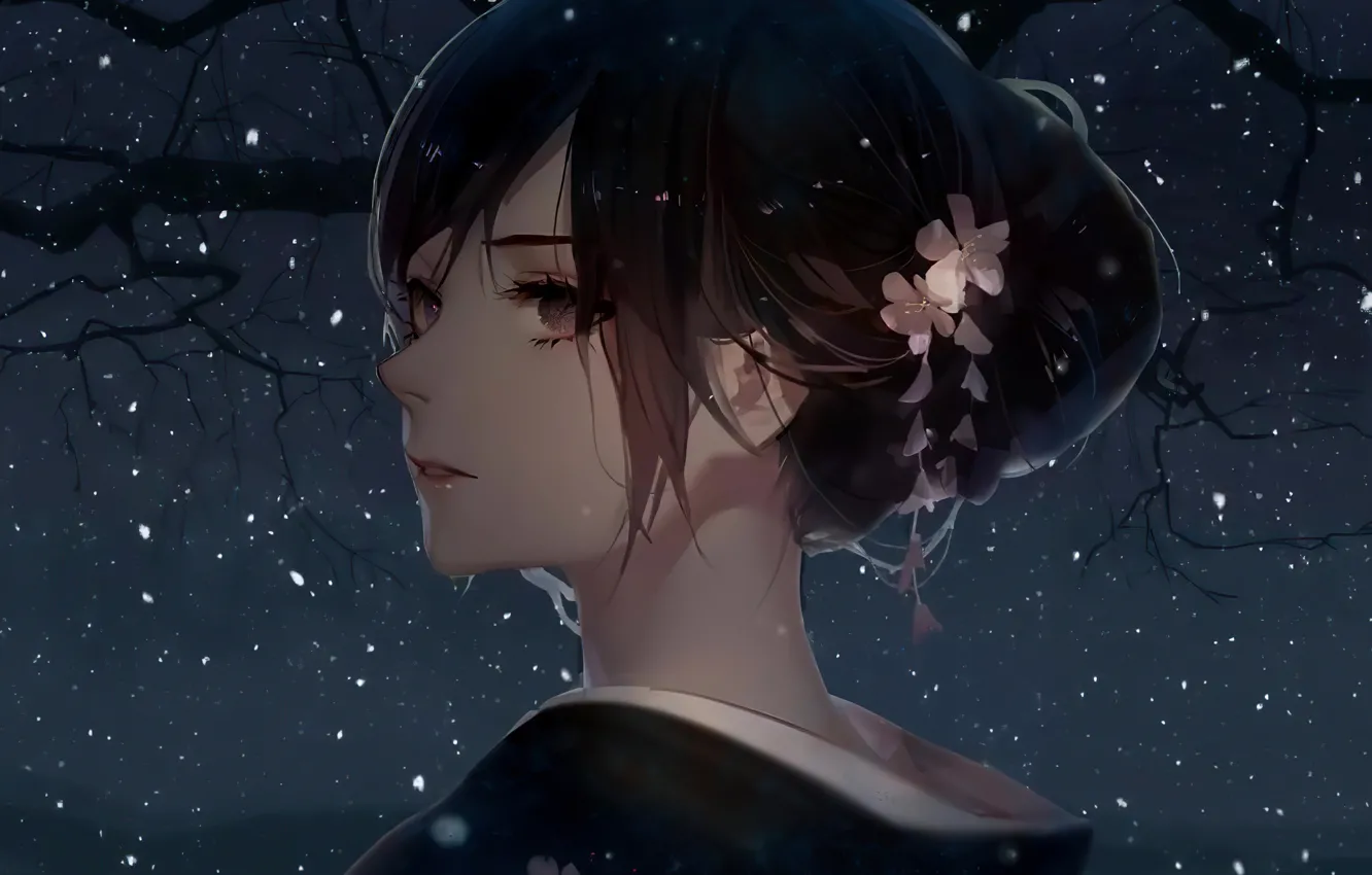 Фото обои прическа, гейша, кимоно, цветок в волосах, чёлка, портрет девушки, вполоборота, звездное ночное небо