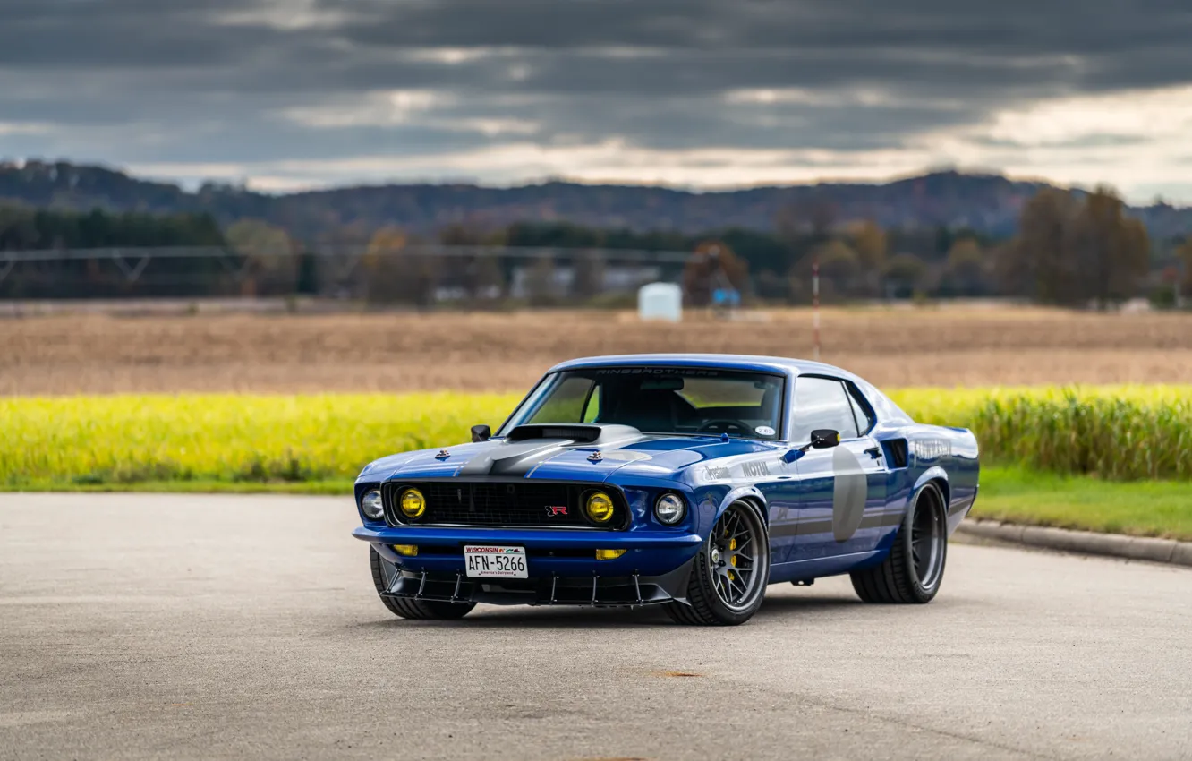 Фото обои Ford, Дорога, Трава, 1969, Фары, Ford Mustang, Muscle car, Mach 1