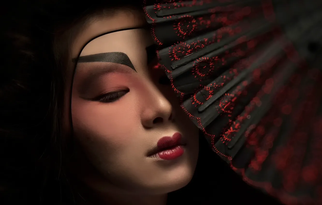 Фото обои макияж, веер, Geisha Mask