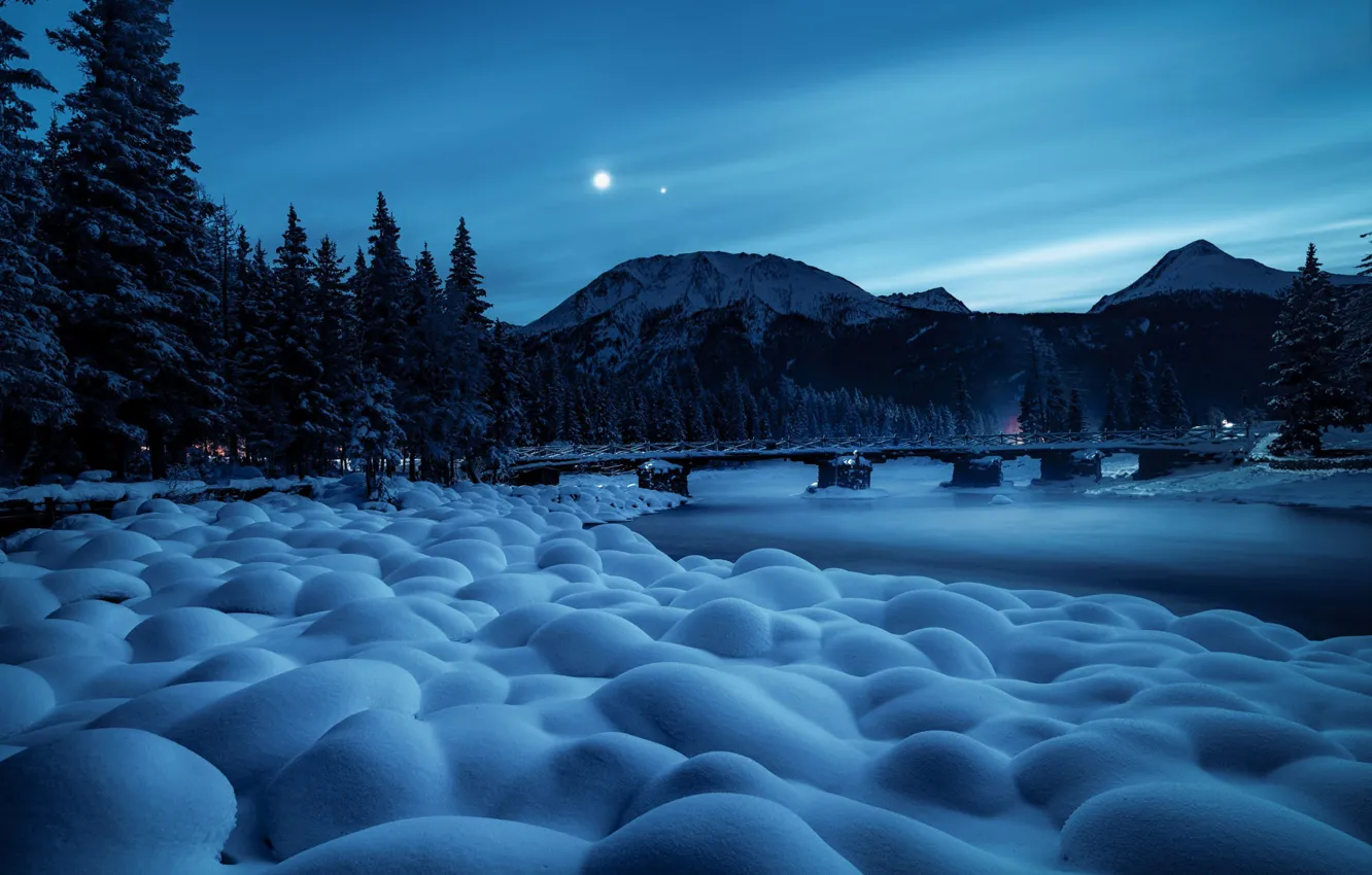 Фото обои зима, снег, горы, ночь, мост, река