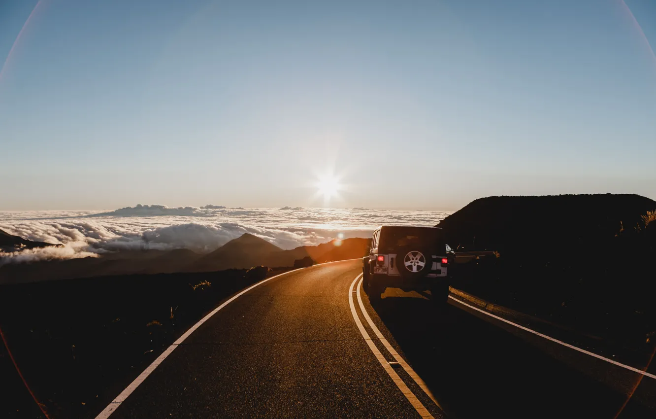 Фото обои Car, Clouds, Sky, Sun, Mountain, Street, Evening, Sunlight