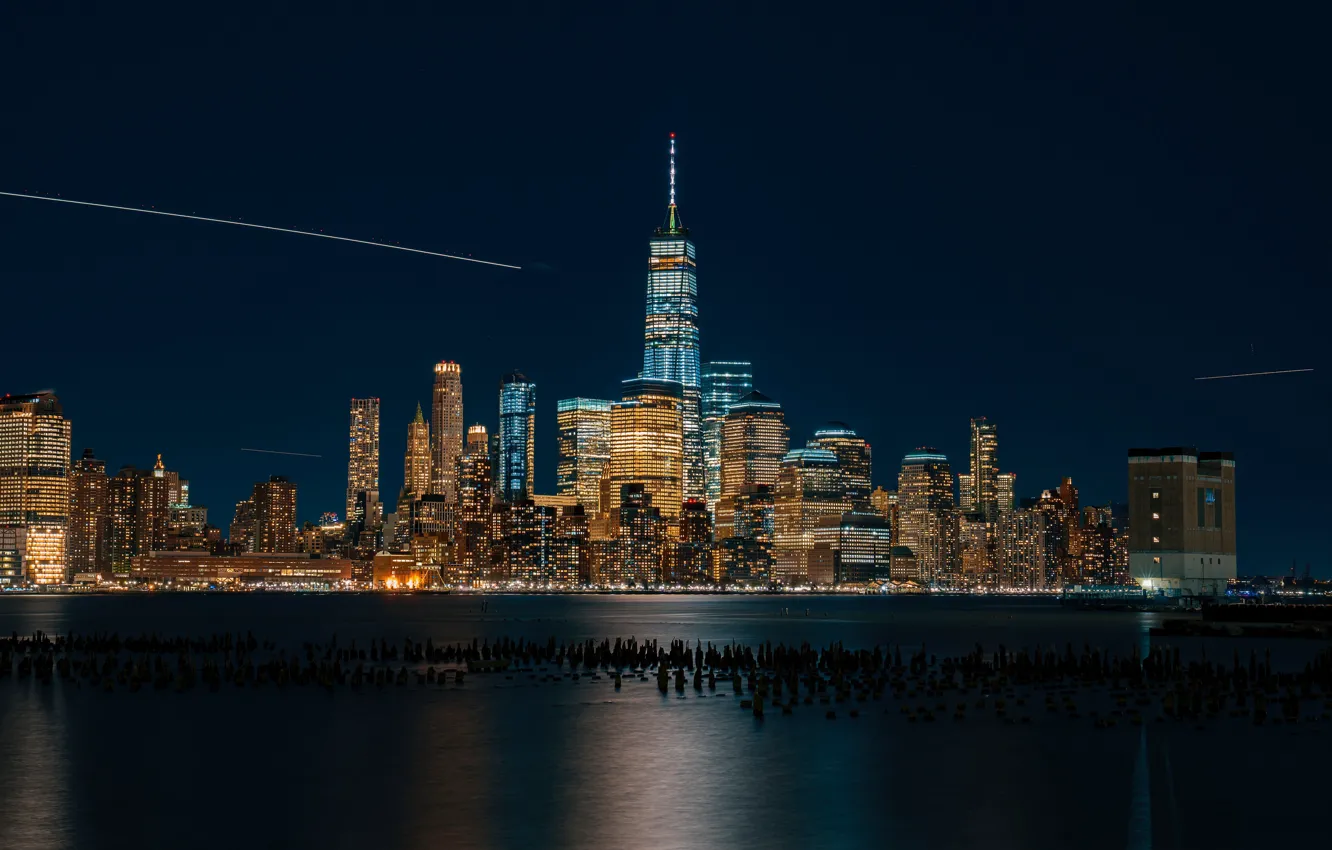 Фото обои coast, night, new york, night city, skycrapers, ligts