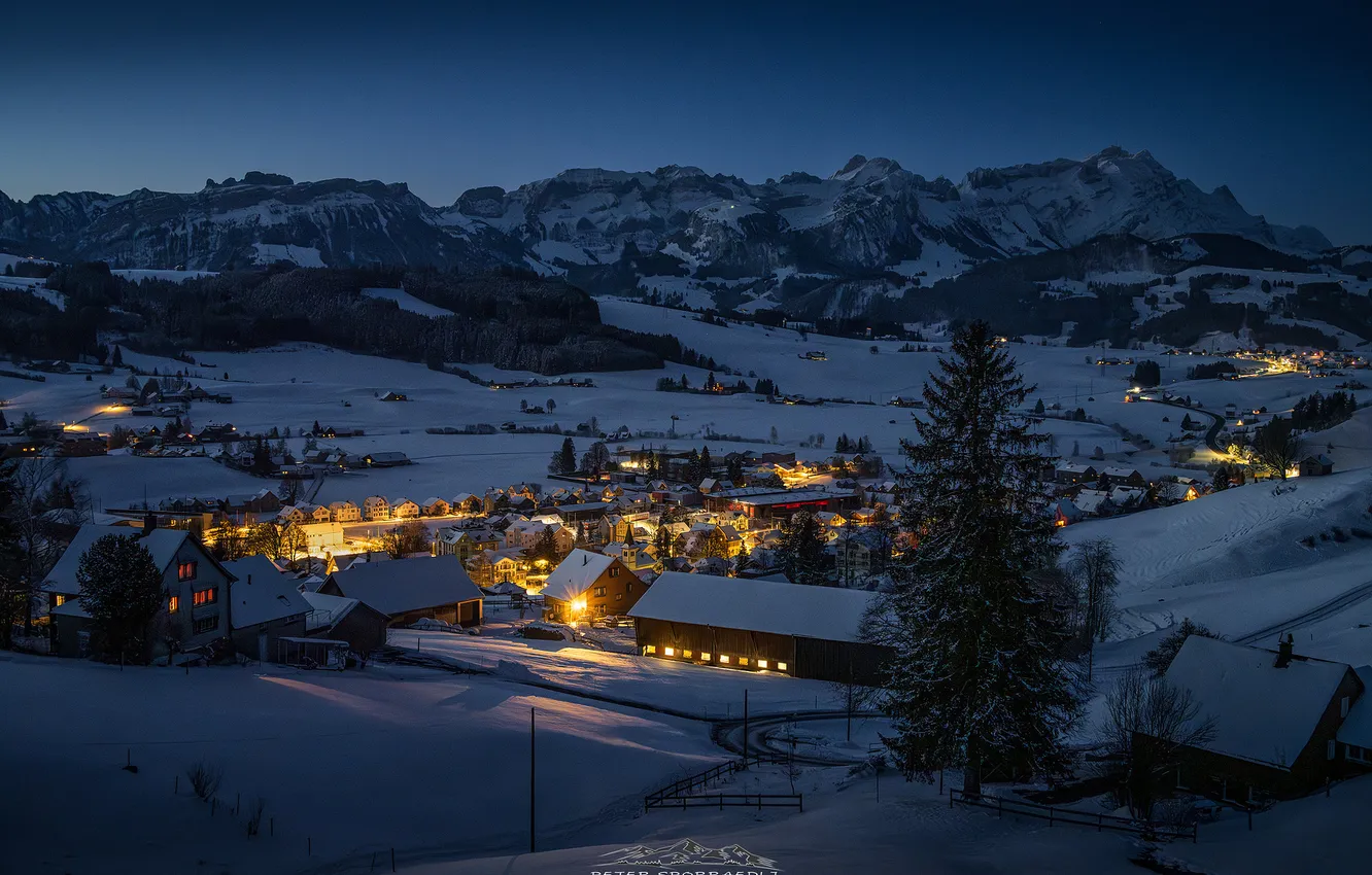Фото обои зима, свет, пейзаж, ночь, город