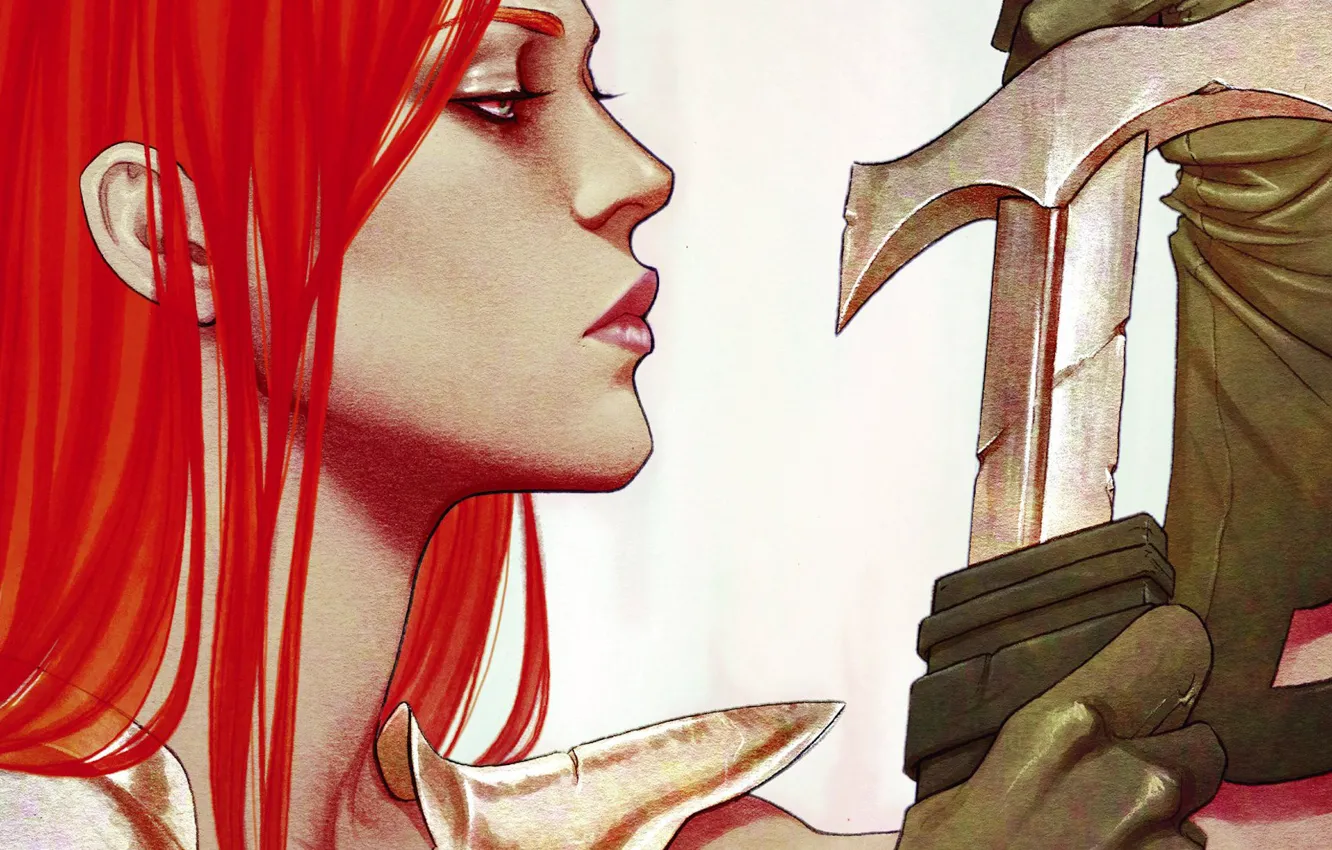 Фото обои лицо, меч, воин, Red Sonja, Рыжая Соня