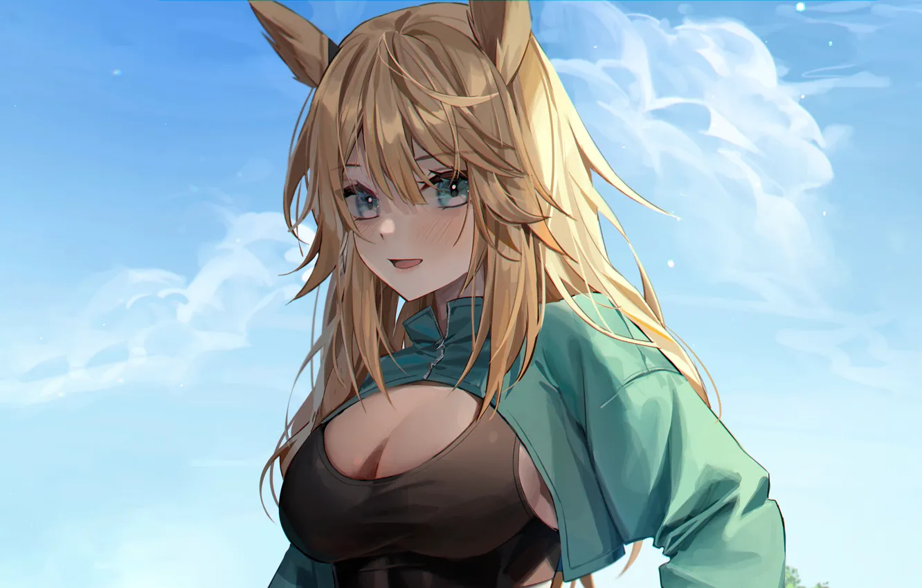 Фото обои girl, sexy, cleavage, green eyes, long hair, boobs, animal ears, anime