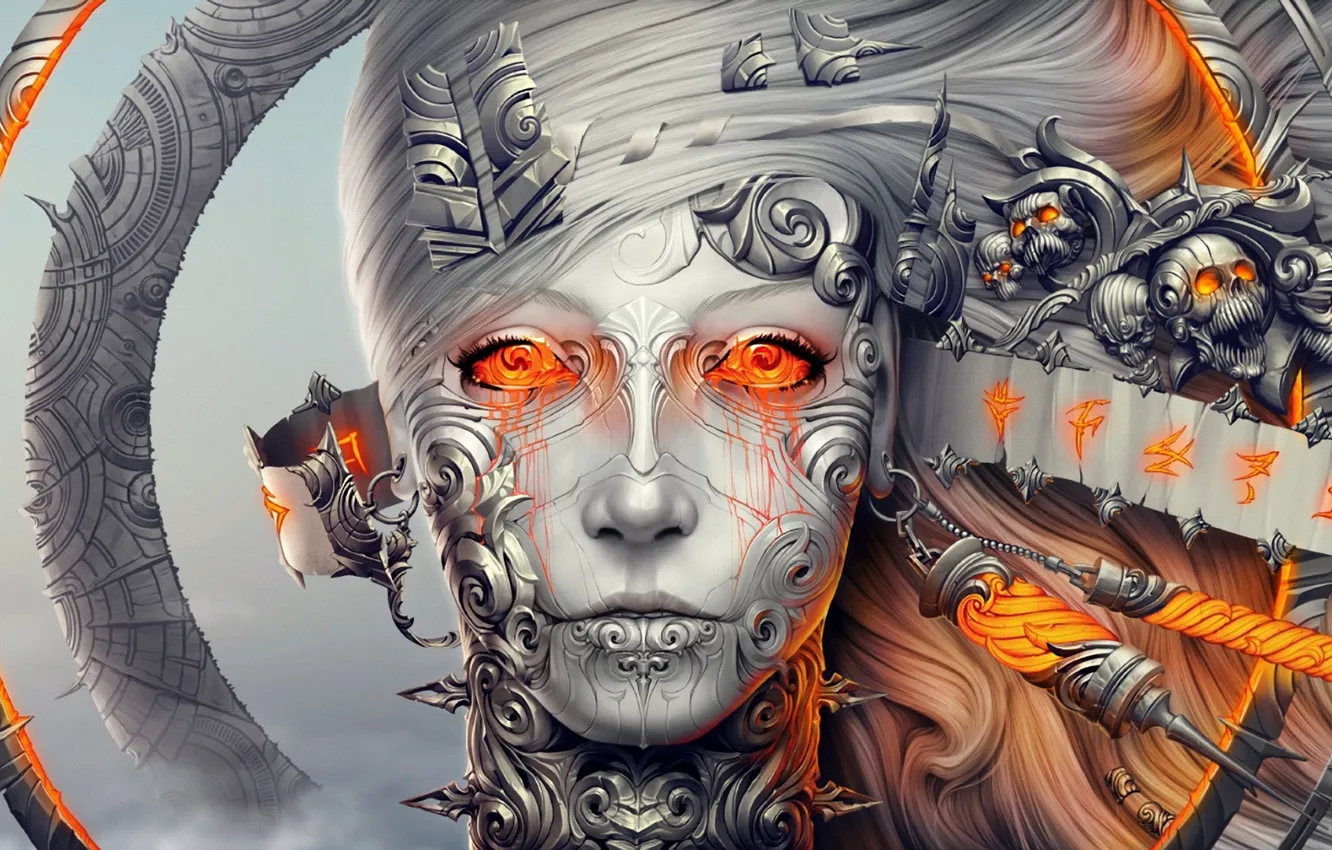Фото обои девушка, украшения, металл, лицо, череп, робот, кольца, голова
