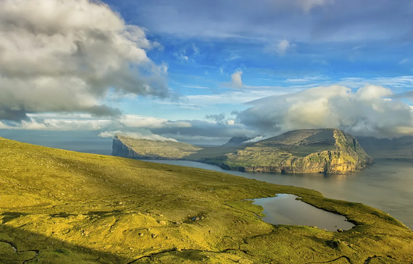 Фото обои море, облака, побережье, остров, Дания, Faroe Islands, Klaksvik