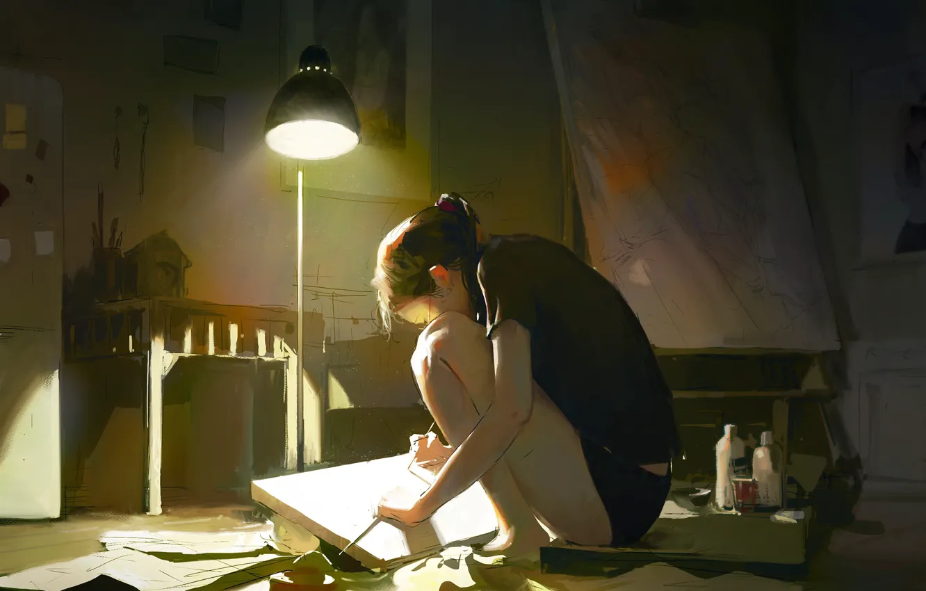 Фото обои девушка, комната, художник, рисует