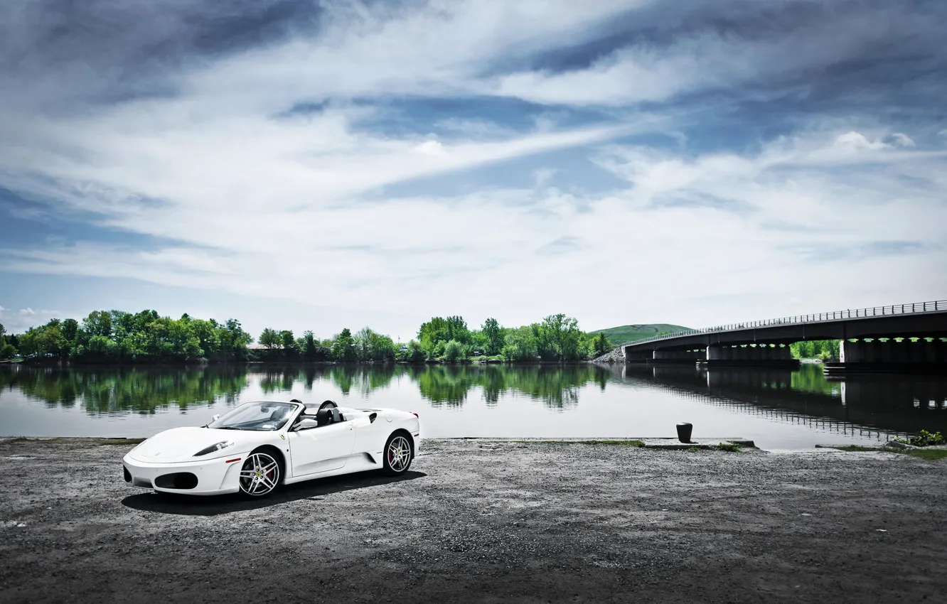 Фото обои Мост, Река, Феррари, Белая, F430, Ferrari, Пейзаж, White