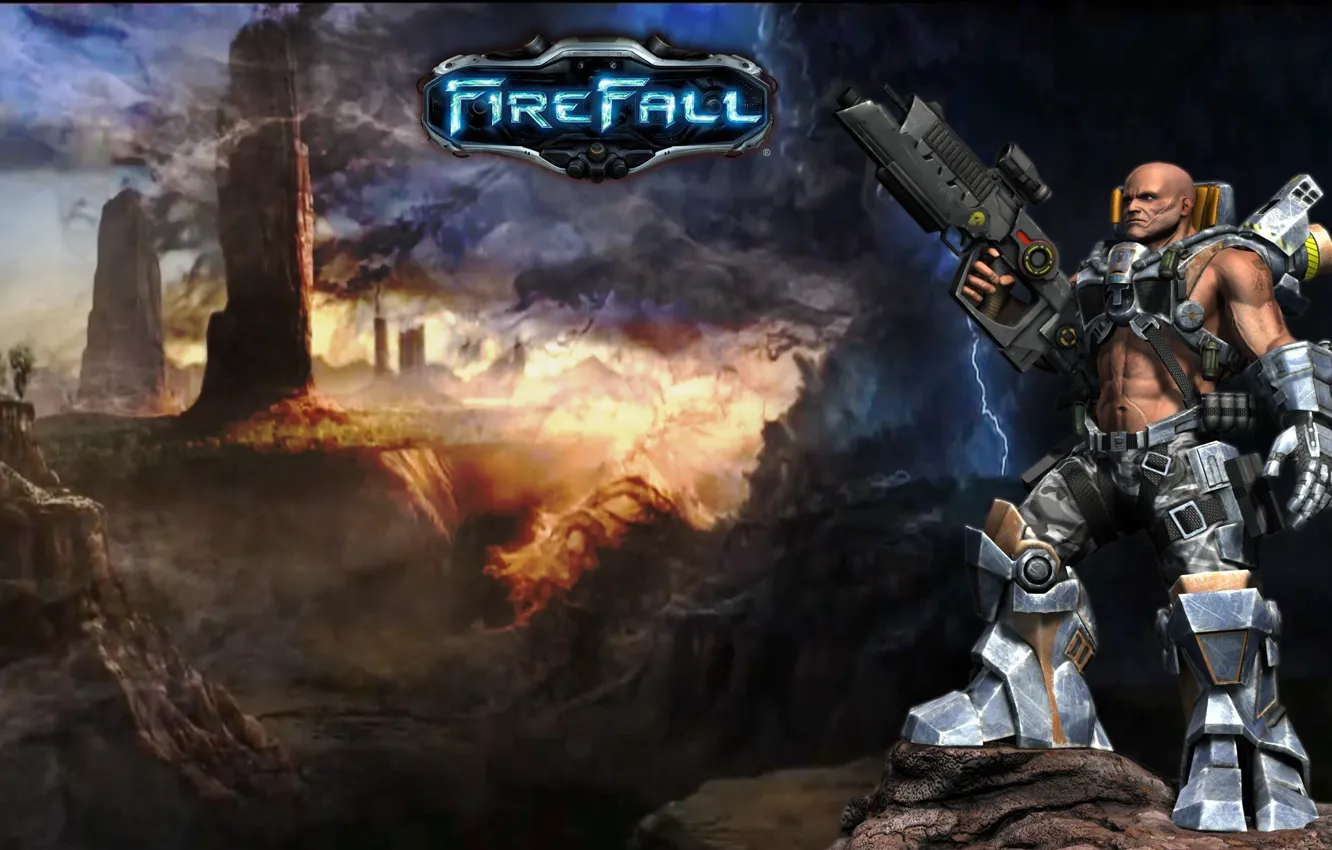 Фото обои fire, battlefield, flame, girl, gun, rock, game, robot