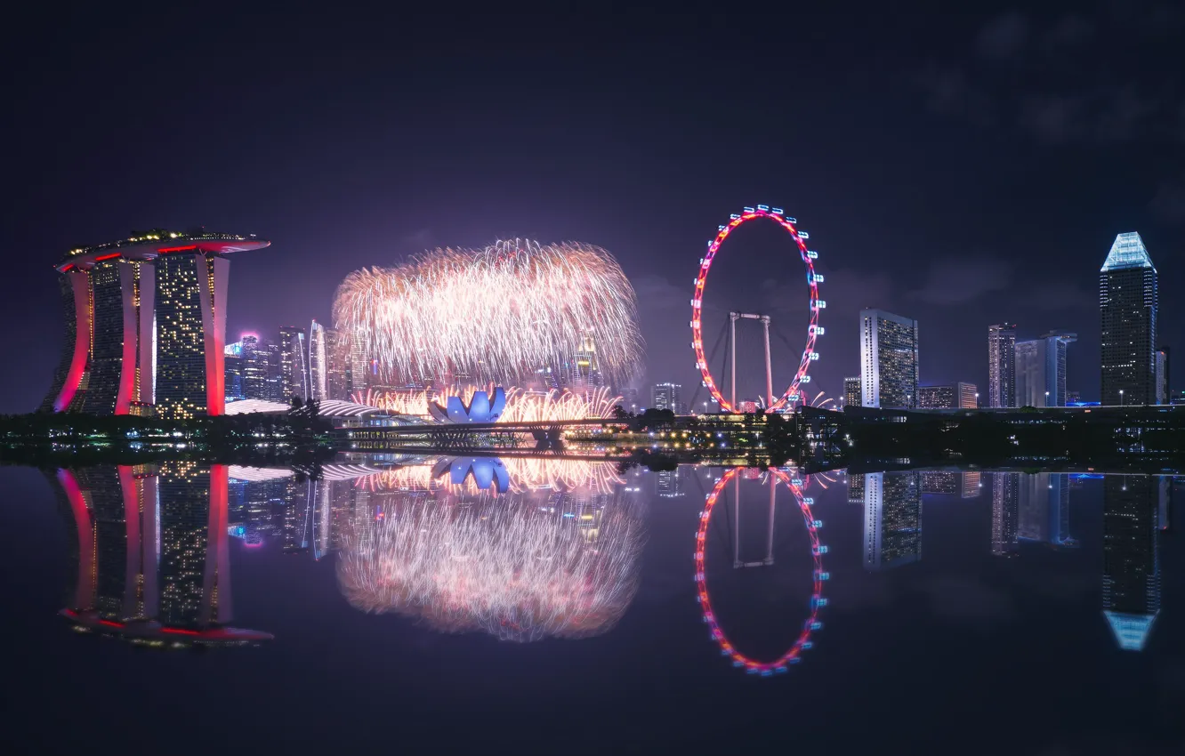 Фото обои ночь, город, Сингапур, колесо обозрения, водоем