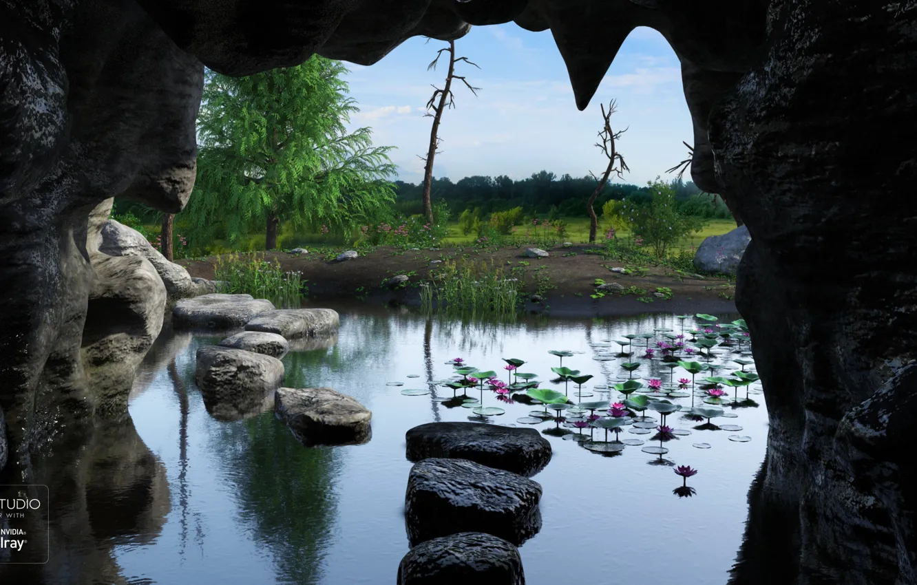 Фото обои камни, берег, пещера, водоём, Grotto