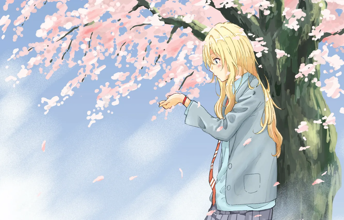 Фото обои школьница, длинные волосы, голубое небо, Shigatsu wa Kimi no Uso, Твоя апрельская ложь, Kaori Miyazono, …