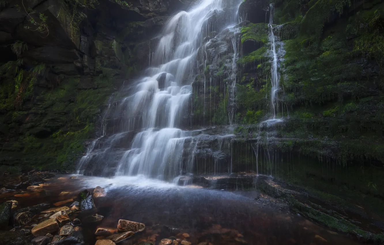 Фото обои скалы, водопад, поток