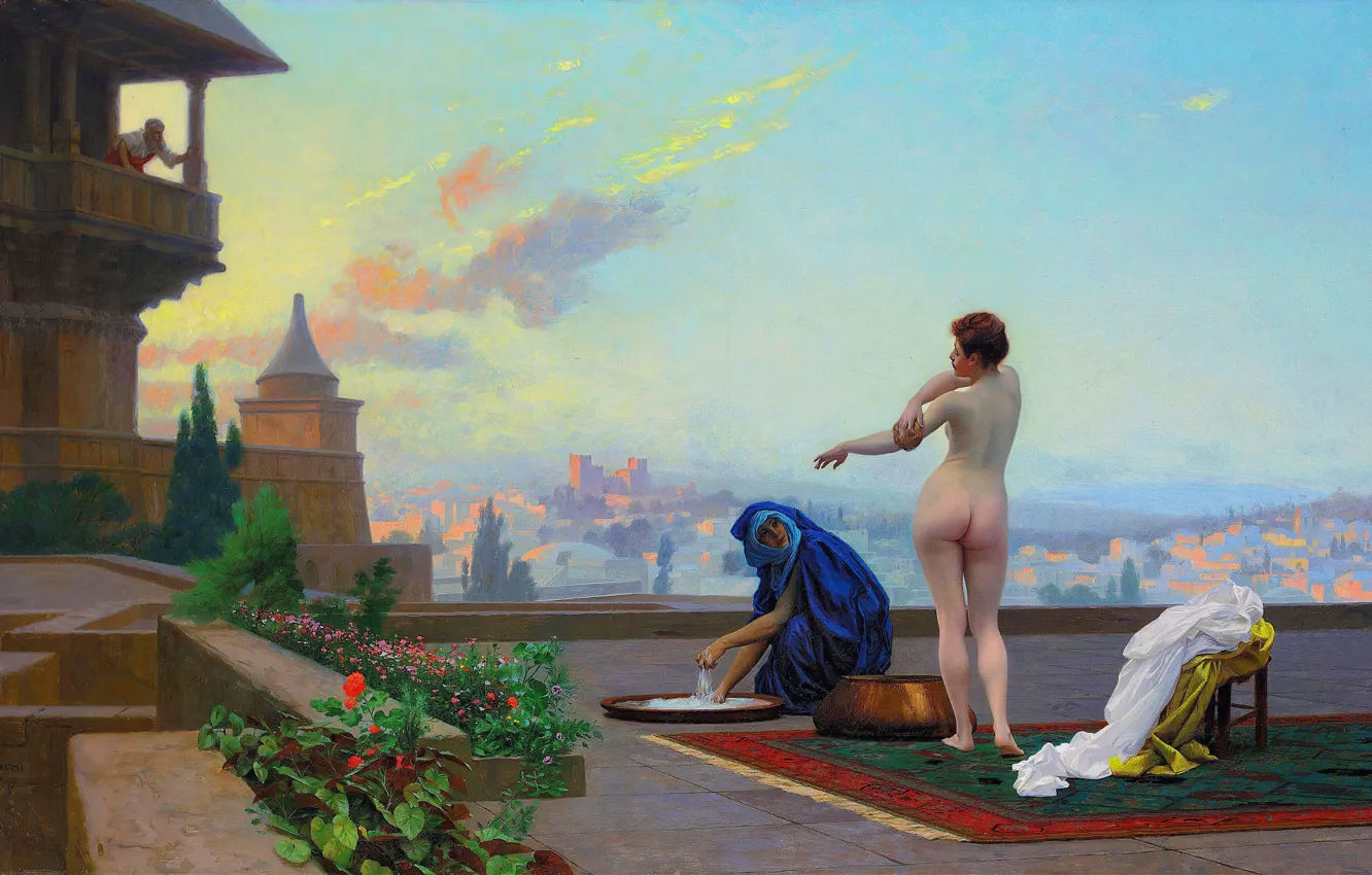 Фото обои Девушки, Рассвет, Картина, Жан-Леон Жером, Jean-Leon Gerome, Французский художник, Вирсавия