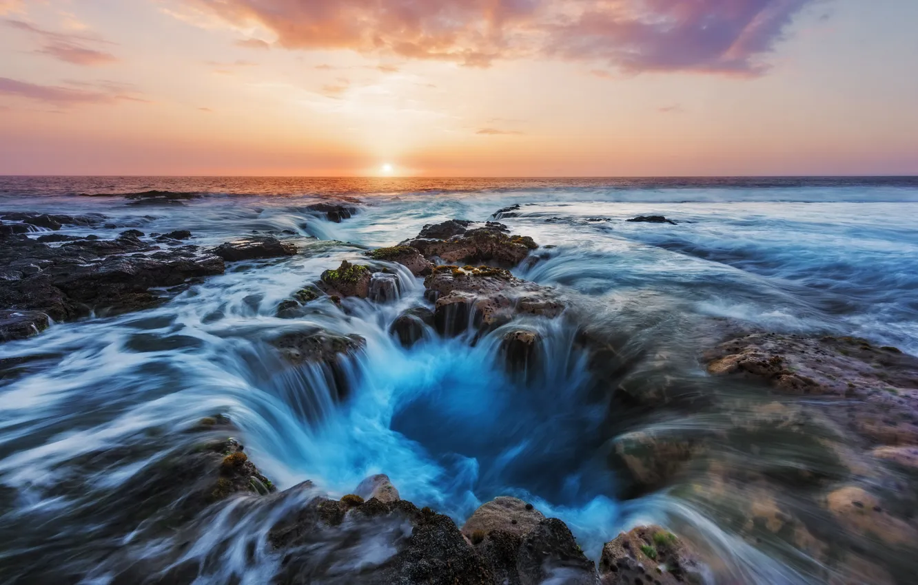 Фото обои камни, океан, вечер, Гавайи, США, потоки, Каилуа-Кона