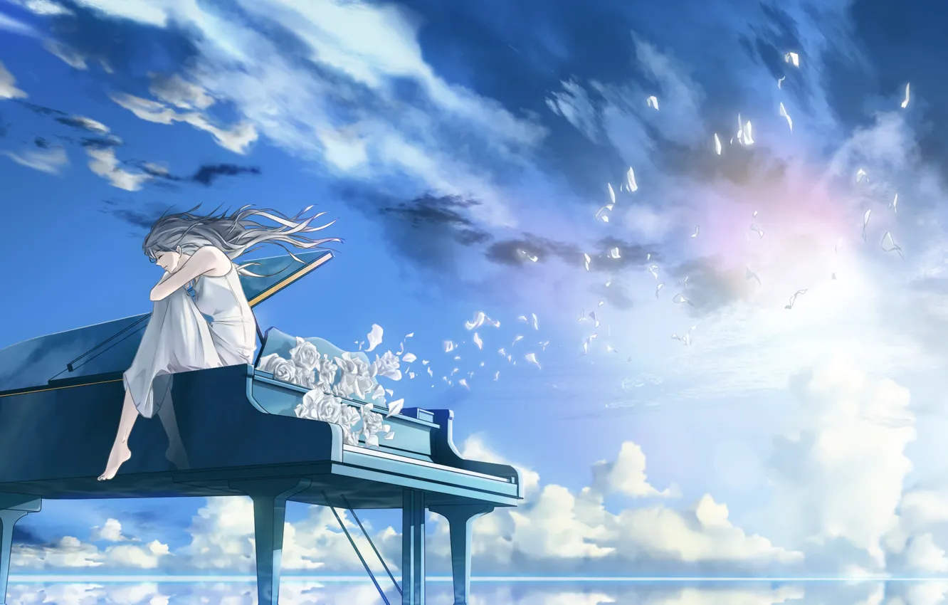 Фото обои небо, вода, девушка, цветы, пианино