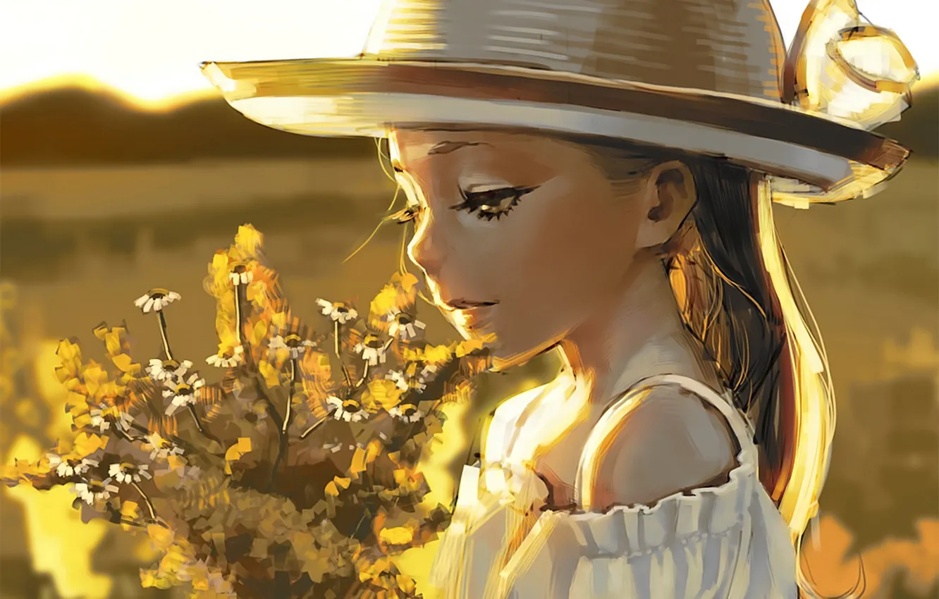 Фото обои поле, девушка, цветы, букет, шляпа