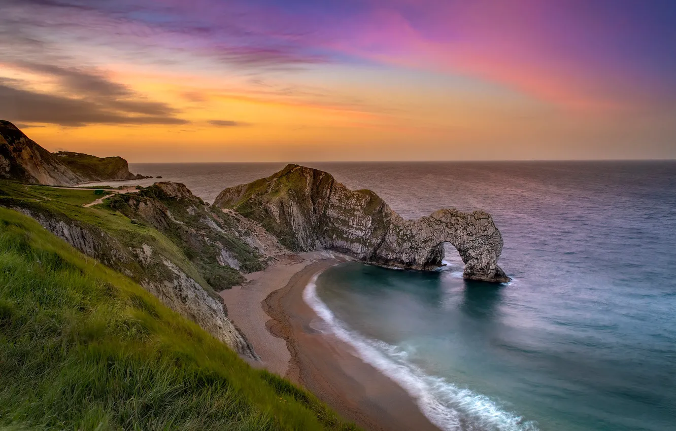 Фото обои море, закат, скалы, побережье, Англия, арка, England, Ла-Манш