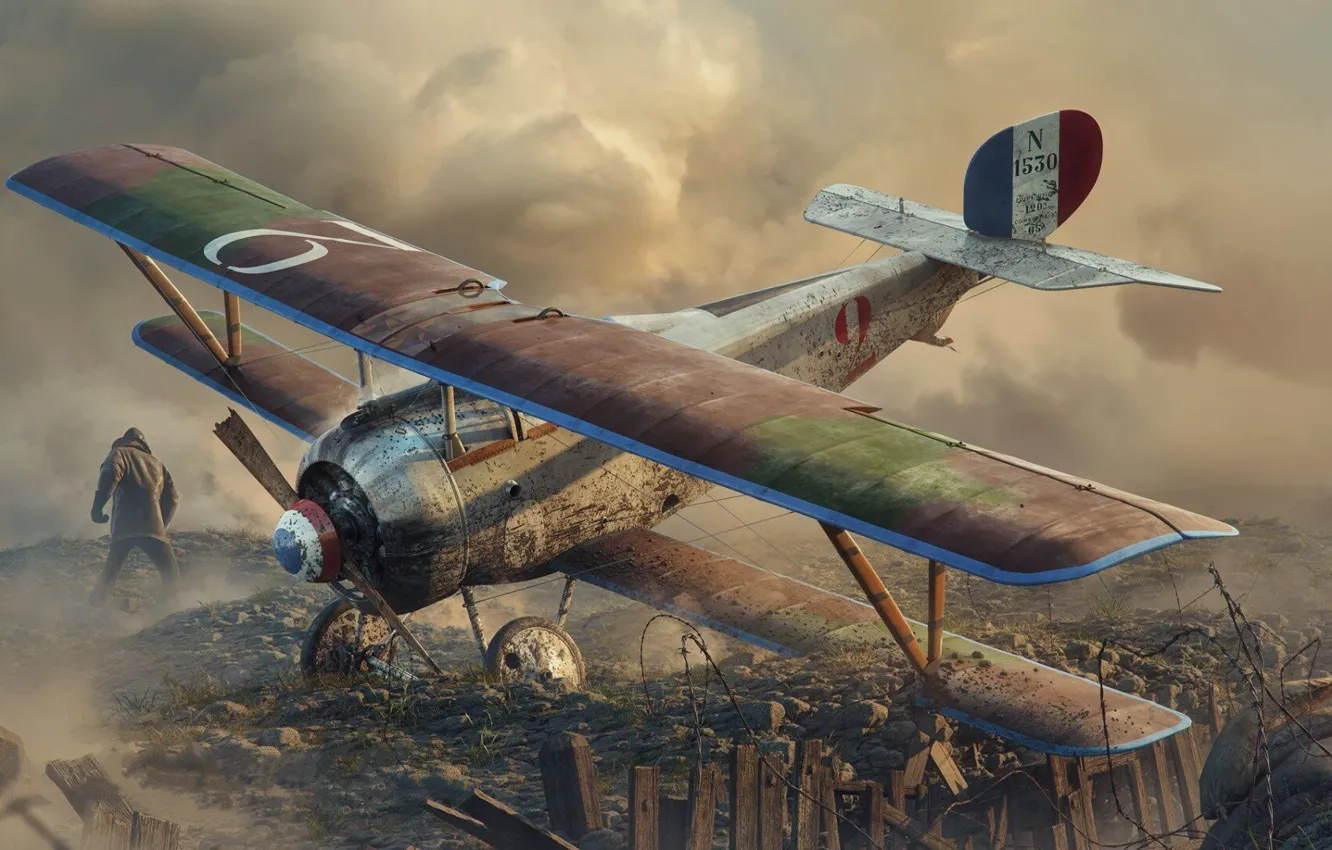 Фото обои Биплан, Колючая проволока, WWI, поршневой истребитель, Ньюпор 17, Nieuport 17