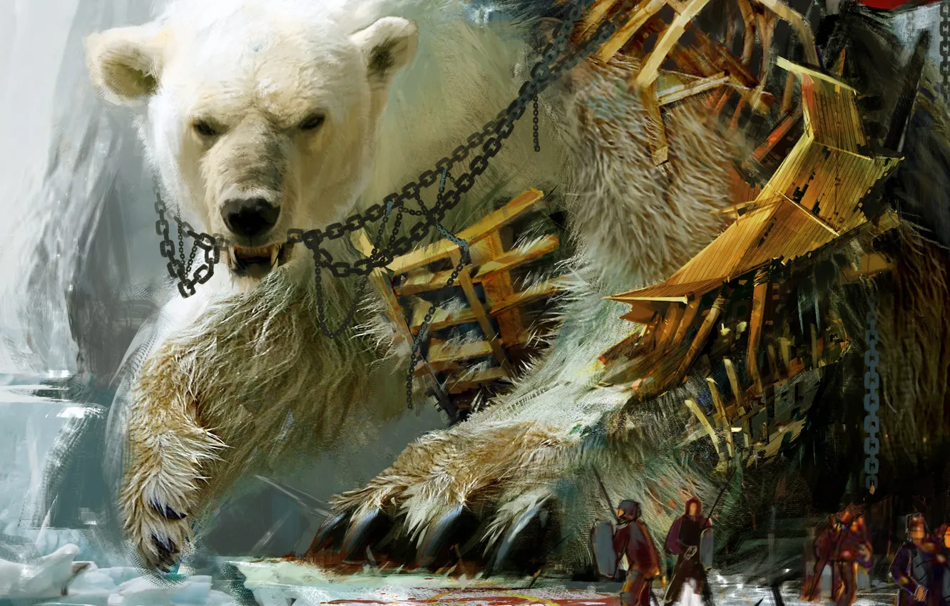 Фото обои обломки, люди, медведь, арт, цепи, гигантский, Guild Wars
