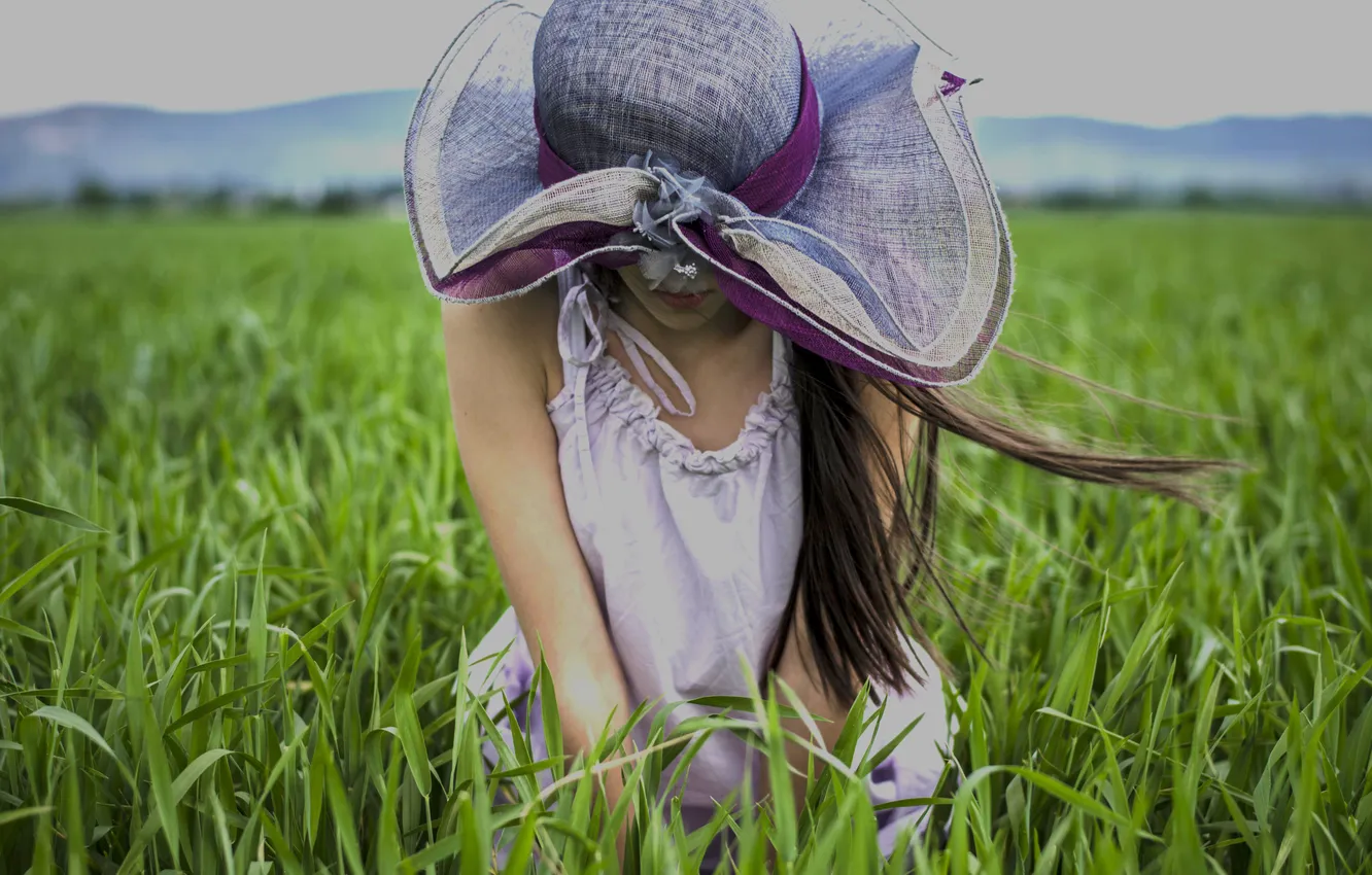 Фото обои поле, девушка, ветер, шляпка