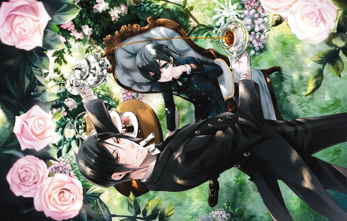 Фото обои чаепитие, повязка на глаз, розовые розы, сидит в кресле, в саду, Kuroshitsuji, Sebastian Michaelis, Ciel …