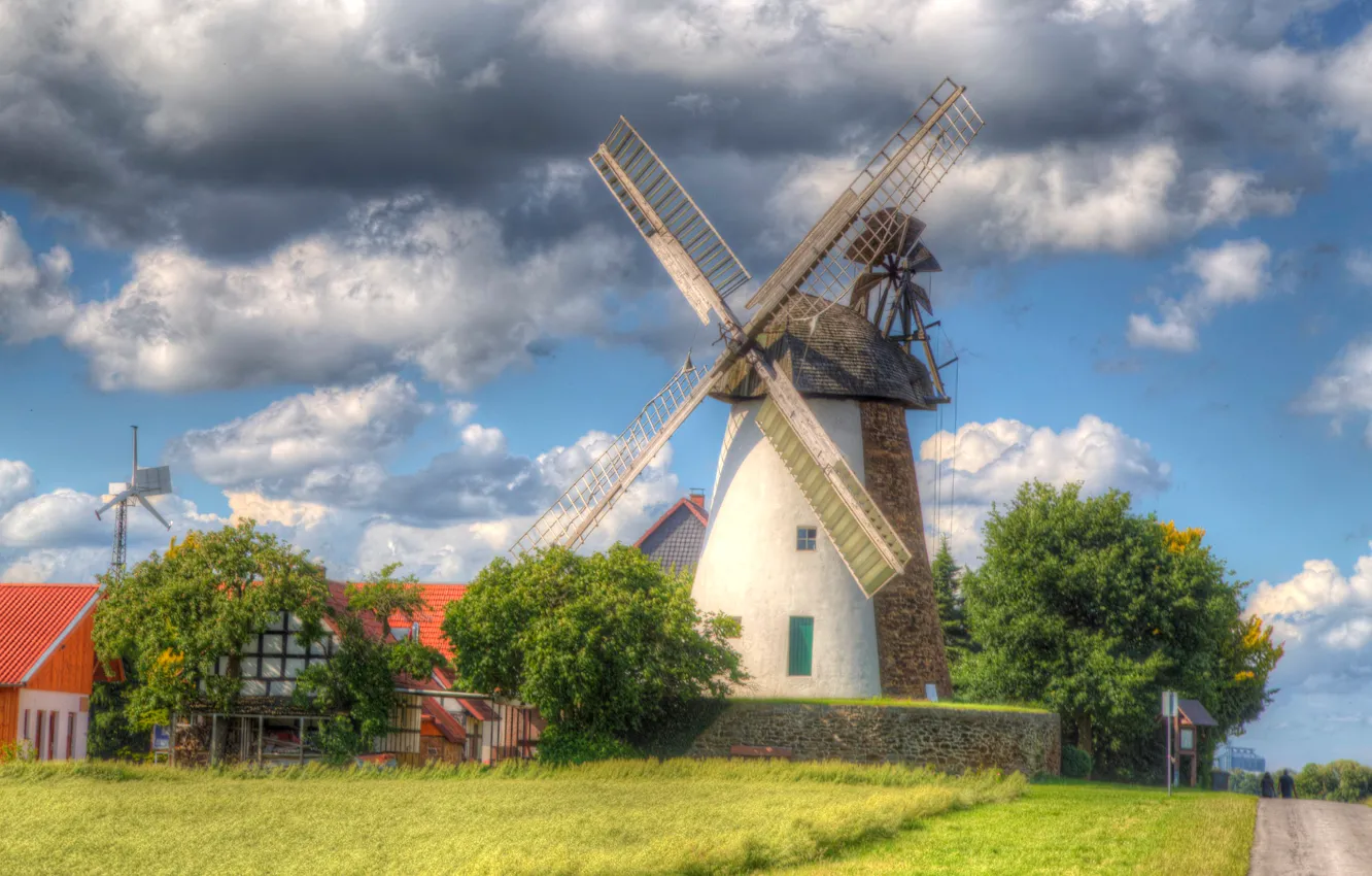 Фото обои дорога, лето, небо, трава, солнце, облака, деревья, HDR