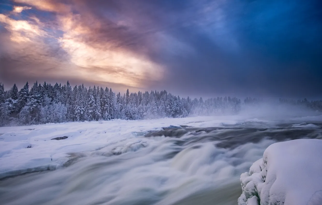Фото обои зима, лес, снег, закат, река, Швеция, Sweden, порог