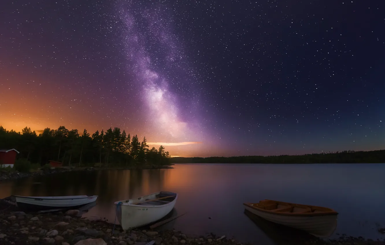 Фото обои ночь, озеро, звёзды, лодки, Норвегия, Three of a Kind