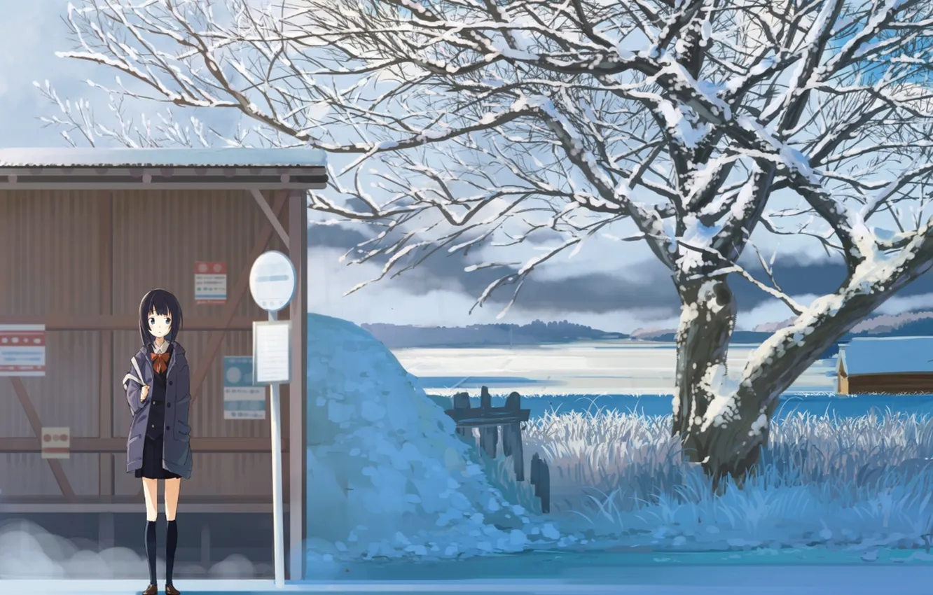 Фото обои зима, девушка, снег, дерево, аниме, знаки, арт, школьница