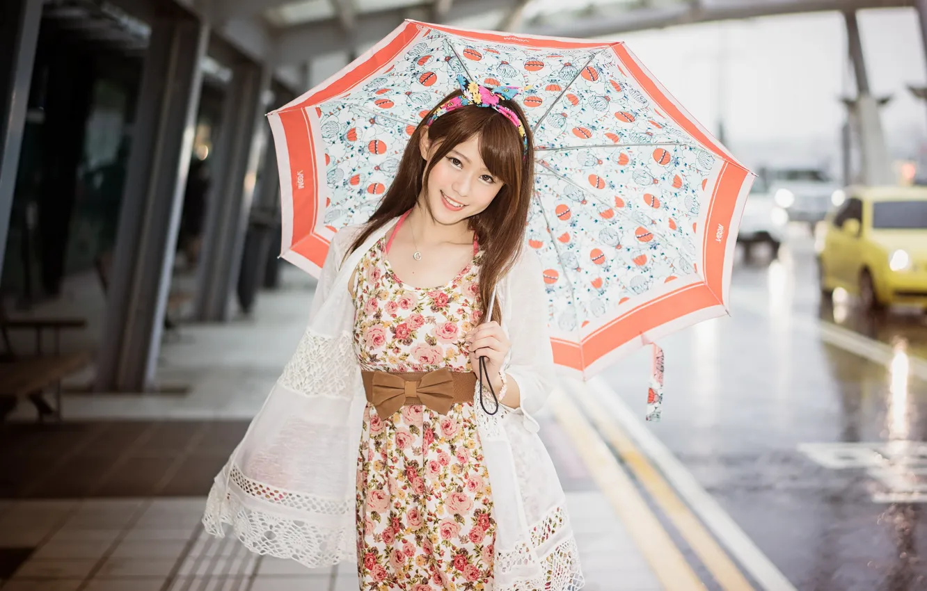 Фото обои девушка, улыбка, зонт