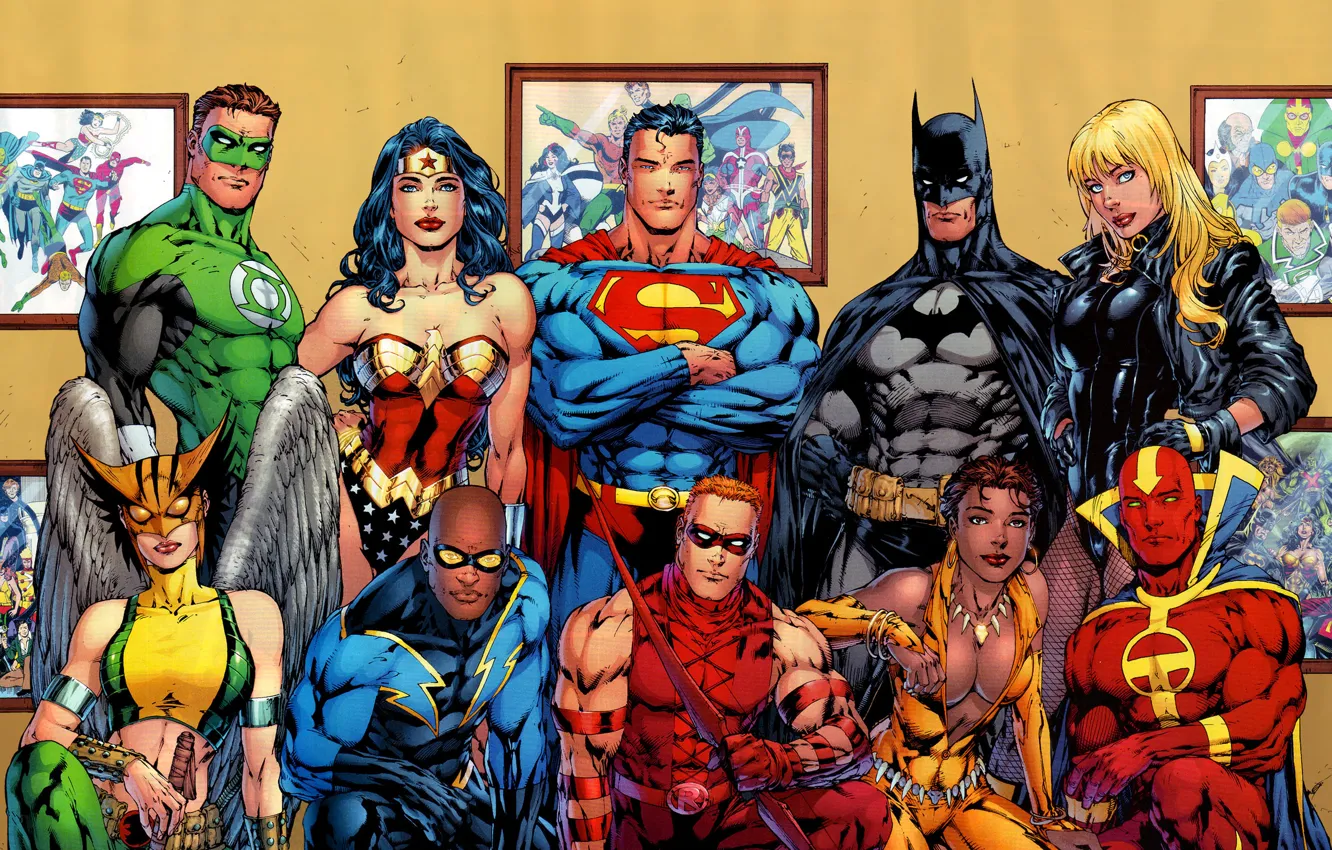 Фото обои batman, superman, comics, heroes, green lantern, wonder woman, dc universe
