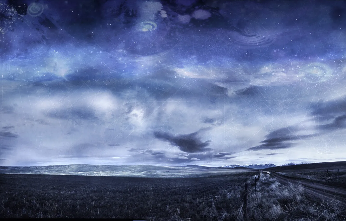 Фото обои дорога, небо, облака, горы, колосья, Arbor Lux, Digital Alchemy Landscapes