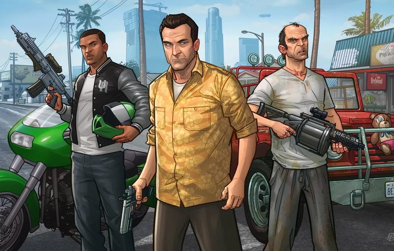 Фото обои art, patrick brown, Michael, gta, Grand Theft Auto V, Rockstar Games, Franklin, Trevor