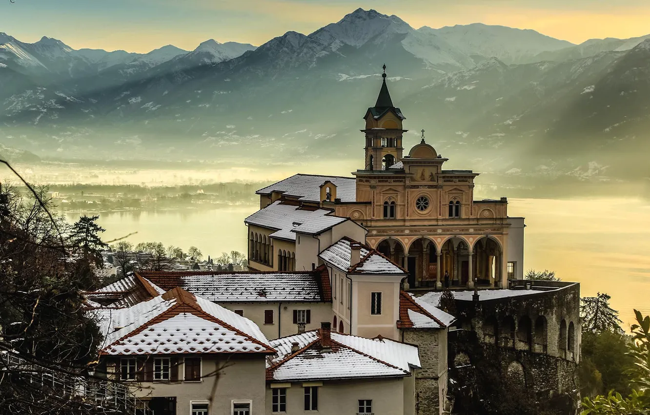 Фото обои зима, снег, горы, город, озеро, Швейцария, храм, Switzerland