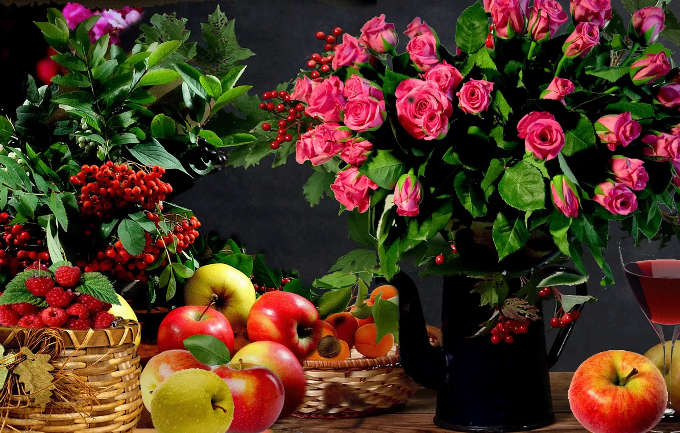 Фото обои цветы, ягоды, фон, яблоки, букет, Розы, flower, flowers