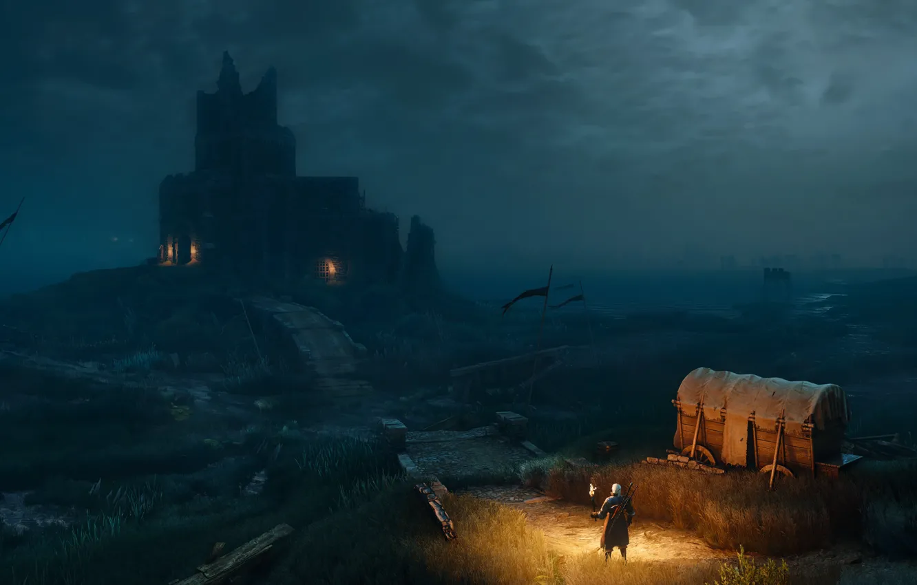 Фото обои ночь, замок, ведьмак, Геральт, The Witcher 3: Wild Hunt, плотва